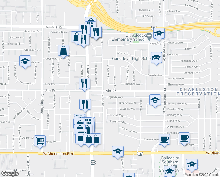 map of restaurants, bars, coffee shops, grocery stores, and more near 6600 Alta Drive in Las Vegas
