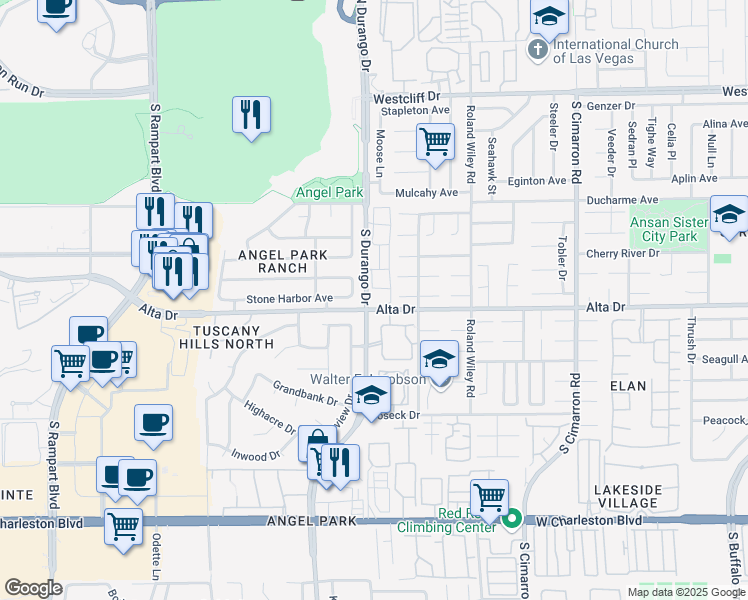 map of restaurants, bars, coffee shops, grocery stores, and more near 219 South Durango Drive in Las Vegas