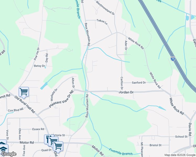 map of restaurants, bars, coffee shops, grocery stores, and more near 4713 Baux Mountain Road in Winston-Salem