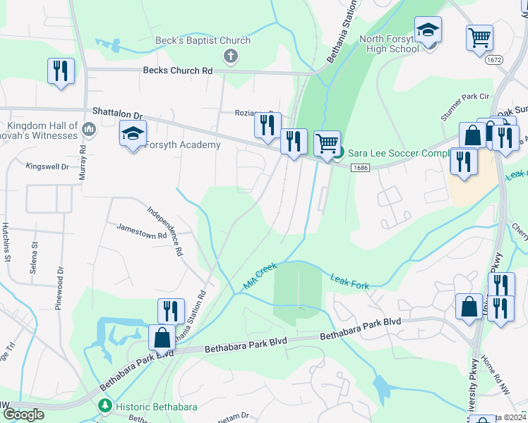 map of restaurants, bars, coffee shops, grocery stores, and more near 4101 Bethania Station Road in Winston-Salem