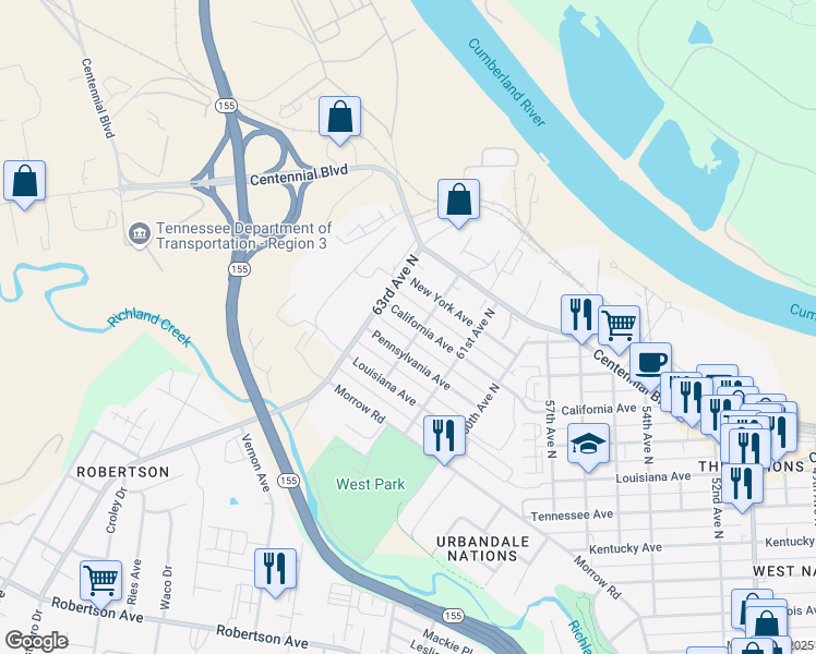 map of restaurants, bars, coffee shops, grocery stores, and more near 6121B California Avenue in Nashville
