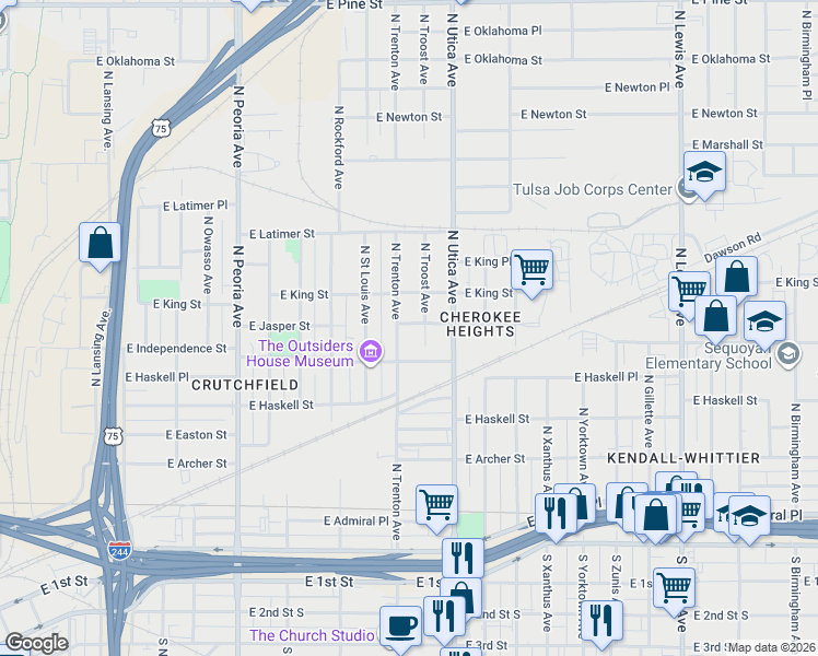 map of restaurants, bars, coffee shops, grocery stores, and more near 822 North Troost Avenue in Tulsa