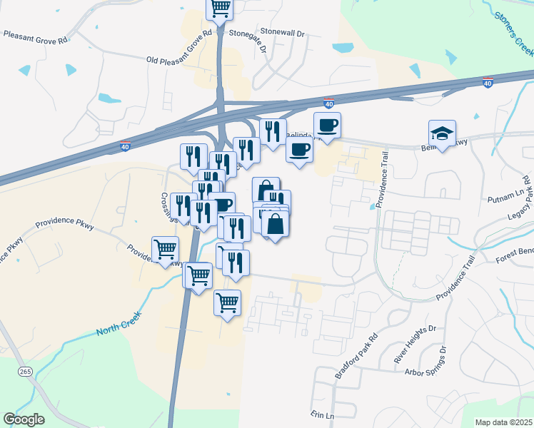 map of restaurants, bars, coffee shops, grocery stores, and more near 401 South Mount Juliet Road in Mount Juliet