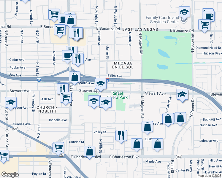 map of restaurants, bars, coffee shops, grocery stores, and more near 2825 Stewart Avenue in Las Vegas