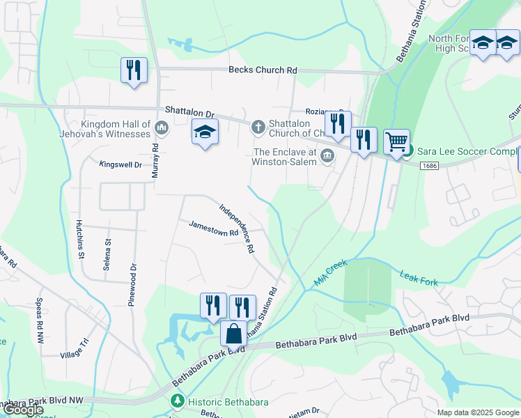 map of restaurants, bars, coffee shops, grocery stores, and more near 2115 Brookhurst Drive in Winston-Salem