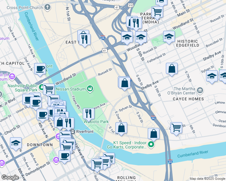 map of restaurants, bars, coffee shops, grocery stores, and more near in Nashville