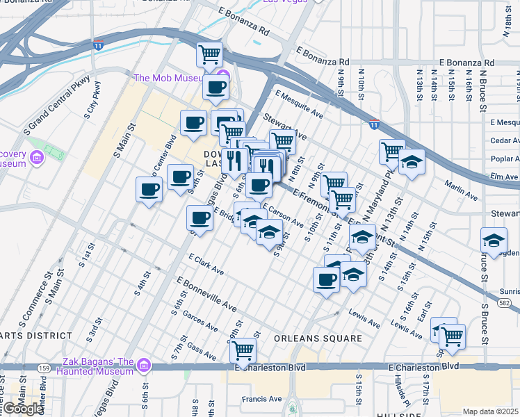 map of restaurants, bars, coffee shops, grocery stores, and more near 305 Carson Avenue in Las Vegas