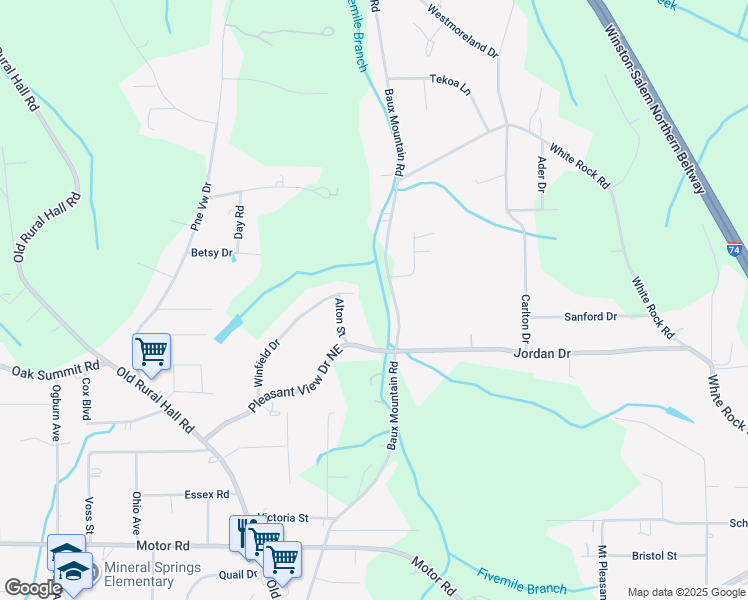 map of restaurants, bars, coffee shops, grocery stores, and more near 4736 Baux Mountain Road in Winston-Salem