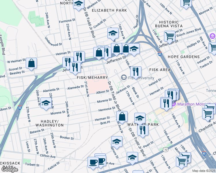 map of restaurants, bars, coffee shops, grocery stores, and more near 1005 Doctor DB Todd Junior Boulevard in Nashville