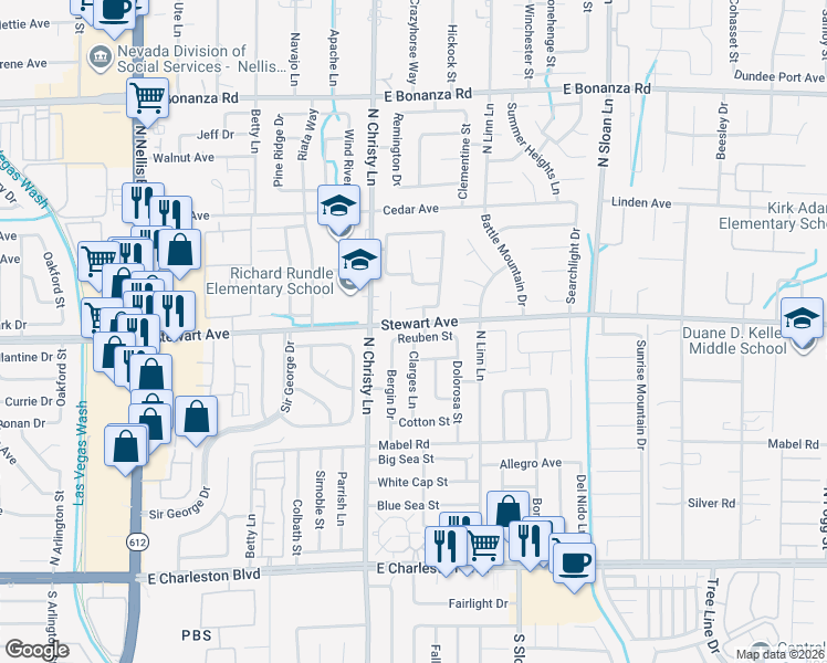 map of restaurants, bars, coffee shops, grocery stores, and more near 5550 Reuben Street in Las Vegas