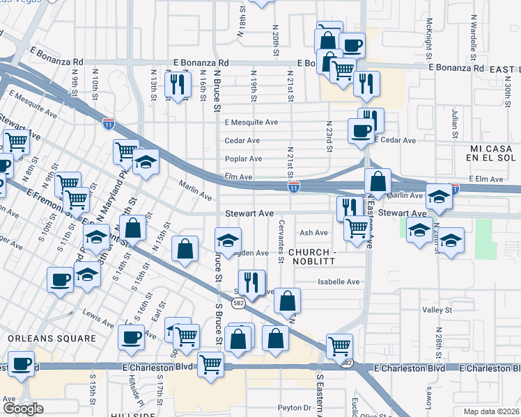 map of restaurants, bars, coffee shops, grocery stores, and more near 1905 Stewart Avenue in Las Vegas