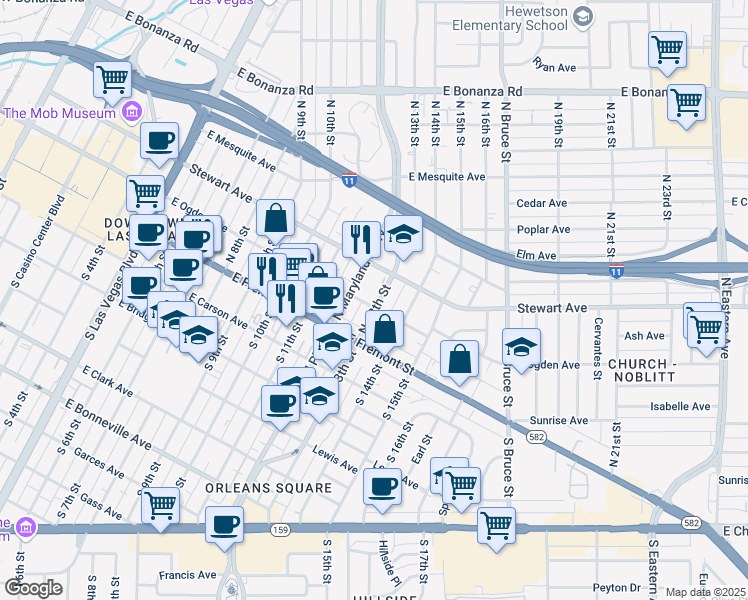 map of restaurants, bars, coffee shops, grocery stores, and more near 201 North 13th Street in Las Vegas