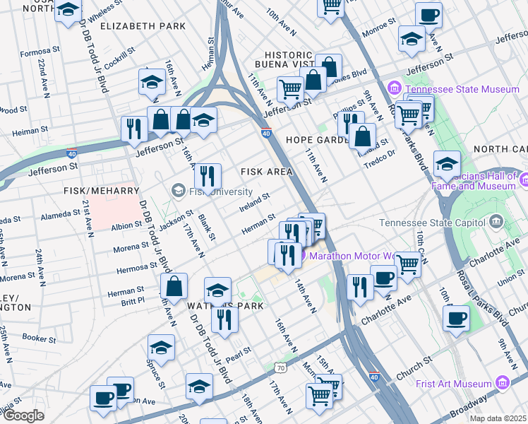 map of restaurants, bars, coffee shops, grocery stores, and more near 1414 Herman Street in Nashville