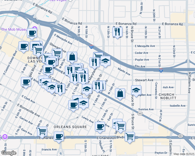 map of restaurants, bars, coffee shops, grocery stores, and more near 201 North 13th Street in Las Vegas