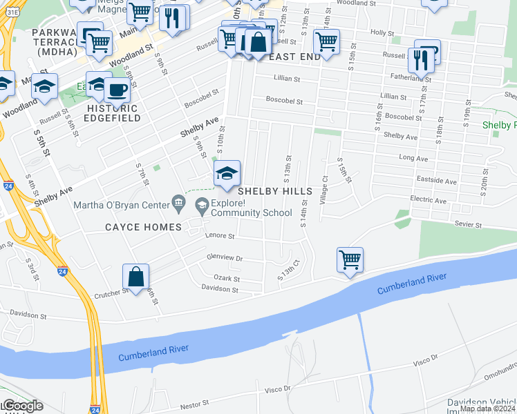 map of restaurants, bars, coffee shops, grocery stores, and more near 712 South 12th Street in Nashville