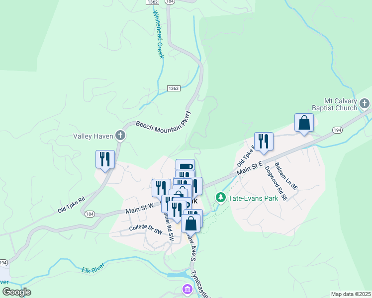 map of restaurants, bars, coffee shops, grocery stores, and more near 540 Klonteska Drive in Banner Elk