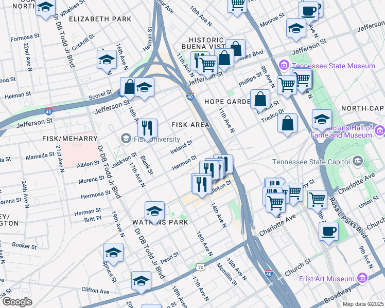 map of restaurants, bars, coffee shops, grocery stores, and more near 1311 Herman Street in Nashville