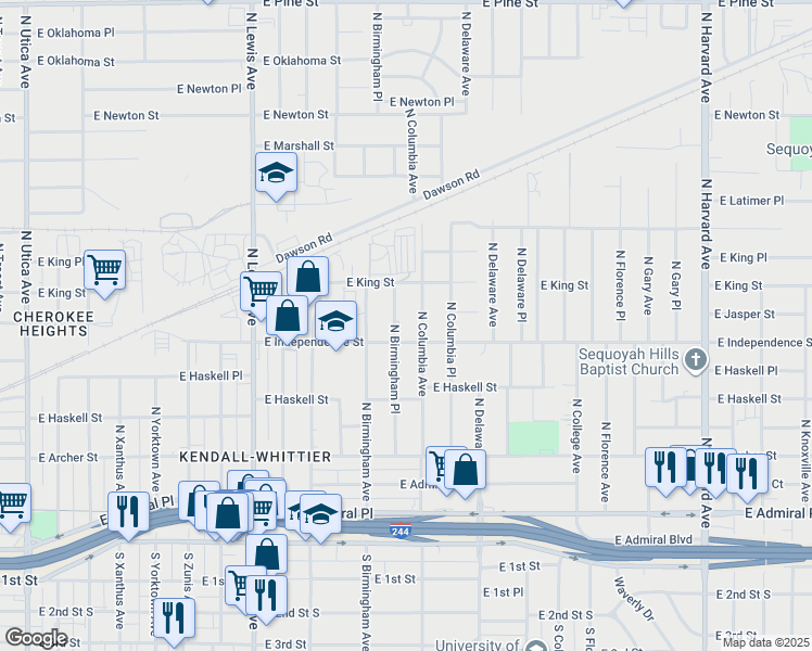 map of restaurants, bars, coffee shops, grocery stores, and more near 809 North Birmingham Place in Tulsa