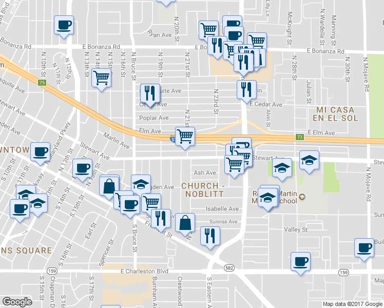 map of restaurants, bars, coffee shops, grocery stores, and more near 2105 Stewart Avenue in Las Vegas