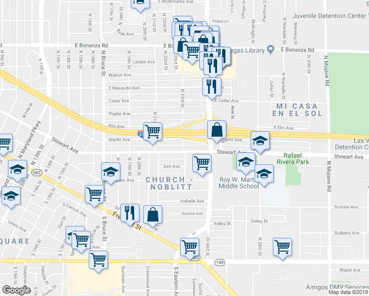 map of restaurants, bars, coffee shops, grocery stores, and more near 241 Flower Avenue in Las Vegas