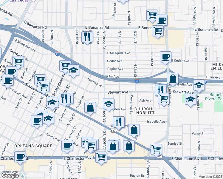 map of restaurants, bars, coffee shops, grocery stores, and more near 1813 Stewart Avenue in Las Vegas