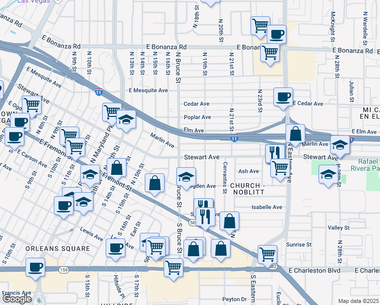 map of restaurants, bars, coffee shops, grocery stores, and more near 1813 Stewart Avenue in Las Vegas