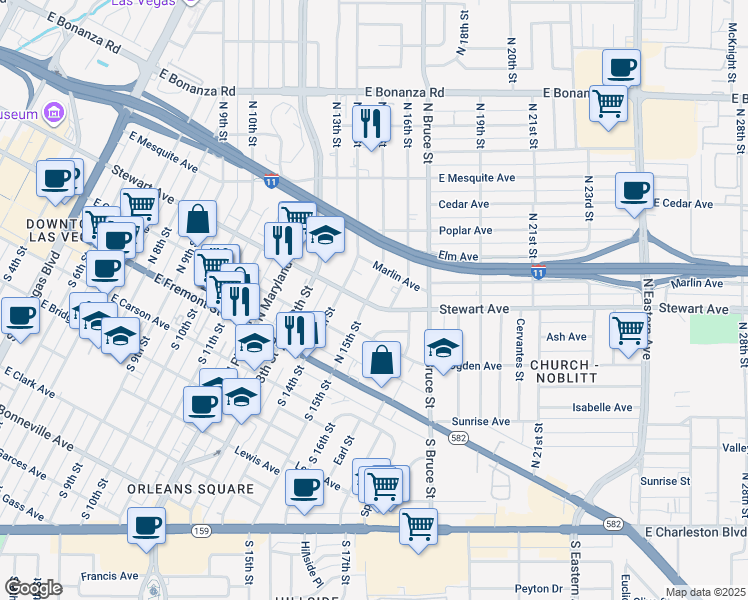 map of restaurants, bars, coffee shops, grocery stores, and more near 218n North 15th Street in Las Vegas