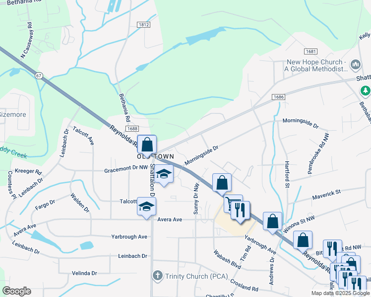 map of restaurants, bars, coffee shops, grocery stores, and more near 4814 Morningside Drive in Winston-Salem
