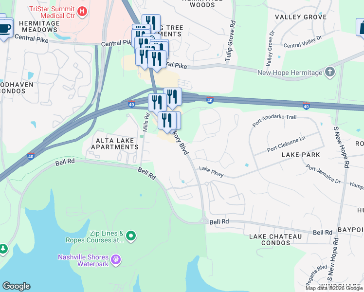 map of restaurants, bars, coffee shops, grocery stores, and more near 5901 Old Hickory Boulevard in Nashville
