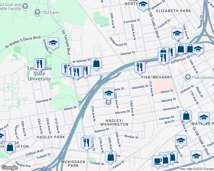 map of restaurants, bars, coffee shops, grocery stores, and more near 2510B Alameda Street in Nashville