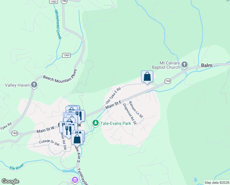 map of restaurants, bars, coffee shops, grocery stores, and more near 243 Old Turnpike Road in Banner Elk