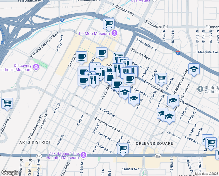 map of restaurants, bars, coffee shops, grocery stores, and more near 514 East Bridger Avenue in Las Vegas