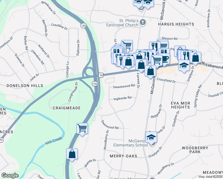 map of restaurants, bars, coffee shops, grocery stores, and more near 207a Blue Hills Drive in Nashville