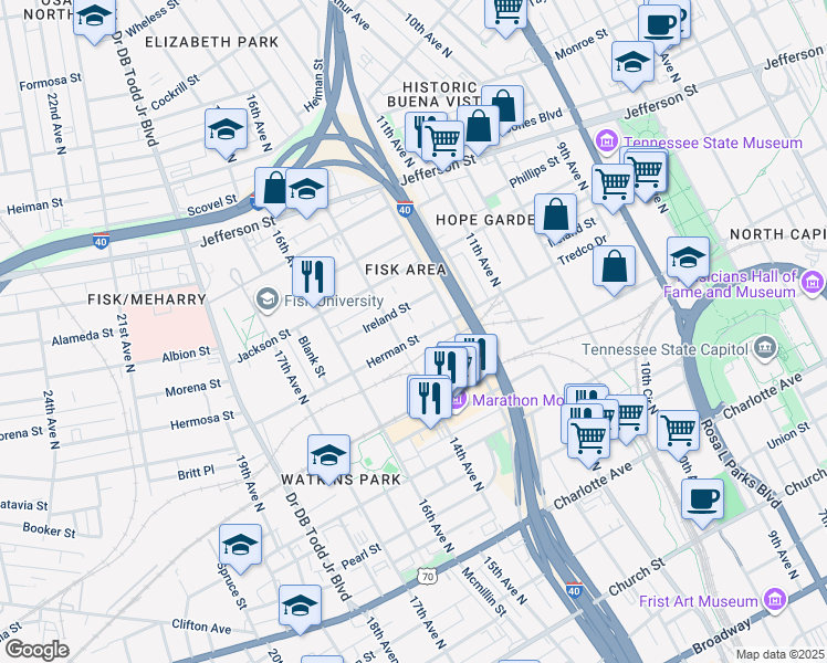 map of restaurants, bars, coffee shops, grocery stores, and more near 1311 Herman Street in Nashville