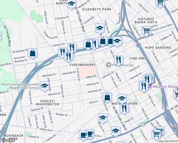 map of restaurants, bars, coffee shops, grocery stores, and more near 1818 Albion Street in Nashville