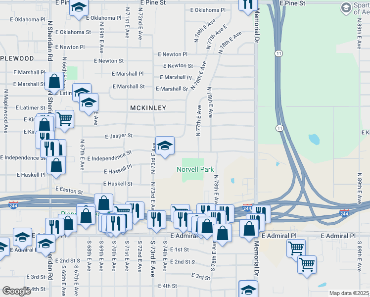 map of restaurants, bars, coffee shops, grocery stores, and more near 7361 East Independence Street in Tulsa