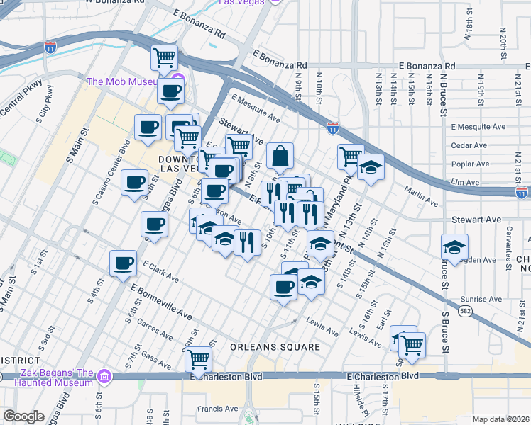 map of restaurants, bars, coffee shops, grocery stores, and more near 901 Fremont Street in Las Vegas