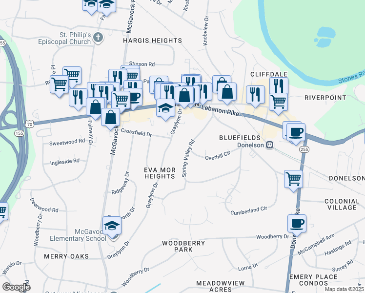 map of restaurants, bars, coffee shops, grocery stores, and more near 126 Spring Valley Road in Nashville