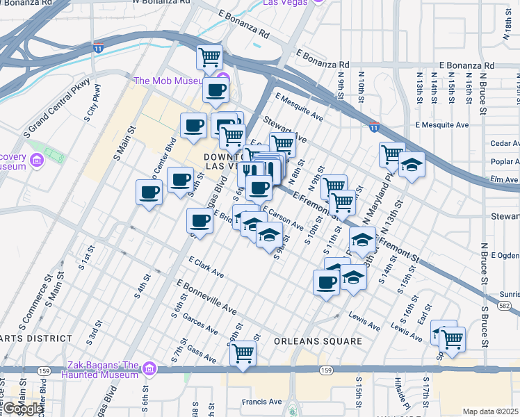 map of restaurants, bars, coffee shops, grocery stores, and more near 711 Carson Avenue in Las Vegas