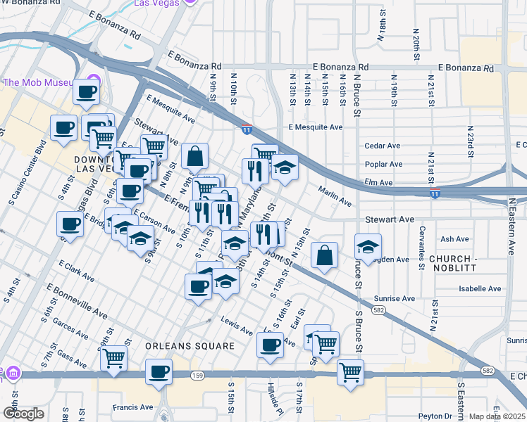 map of restaurants, bars, coffee shops, grocery stores, and more near 2 North 13th Street in Las Vegas