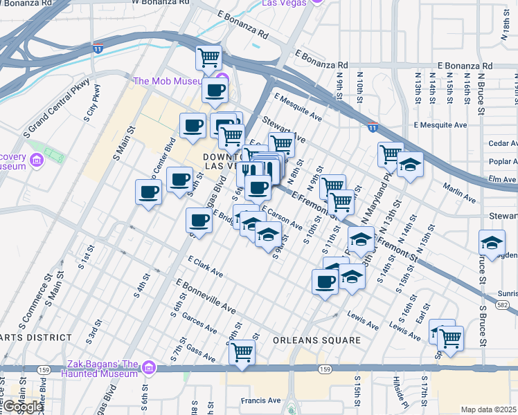 map of restaurants, bars, coffee shops, grocery stores, and more near 711 Carson Avenue in Las Vegas