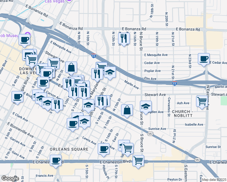 map of restaurants, bars, coffee shops, grocery stores, and more near 211 North 14th Street in Las Vegas