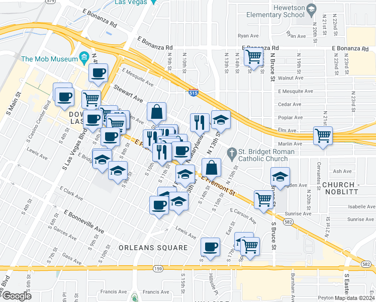 map of restaurants, bars, coffee shops, grocery stores, and more near 114 North Maryland Parkway in Las Vegas