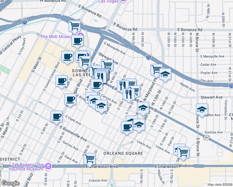 map of restaurants, bars, coffee shops, grocery stores, and more near 131 South 8th Street in Las Vegas