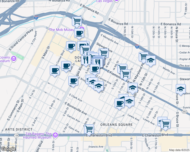 map of restaurants, bars, coffee shops, grocery stores, and more near 305 Carson Avenue in Las Vegas