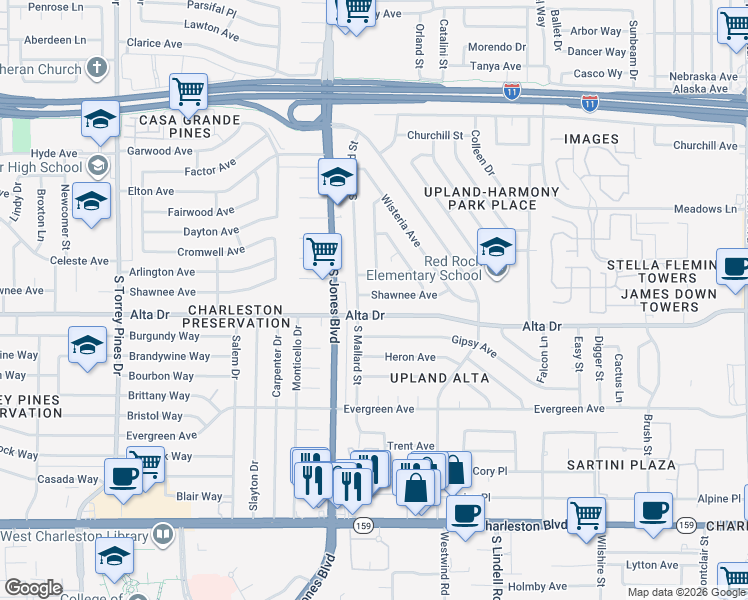 map of restaurants, bars, coffee shops, grocery stores, and more near 5924 Alta Drive in Las Vegas