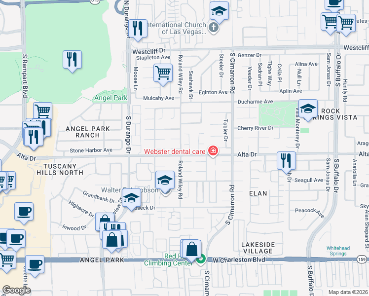 map of restaurants, bars, coffee shops, grocery stores, and more near 8301 Hatteras Court in Las Vegas
