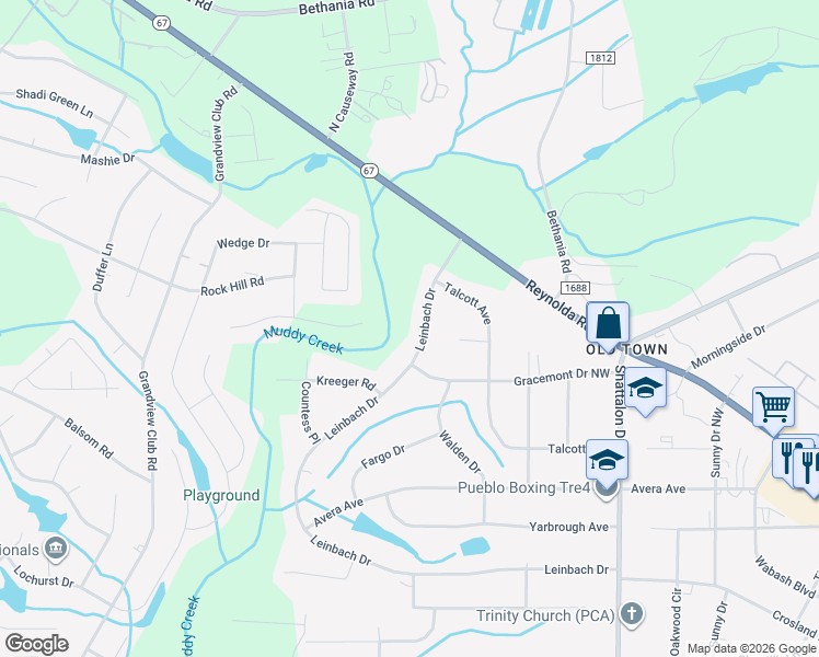 map of restaurants, bars, coffee shops, grocery stores, and more near 4932 Leinbach Drive in Winston-Salem