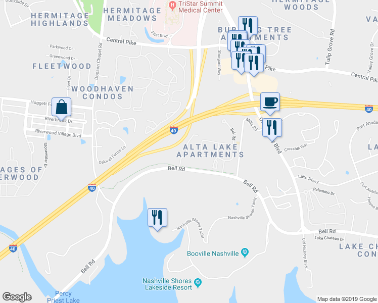map of restaurants, bars, coffee shops, grocery stores, and more near 3940 Bell Road in Nashville