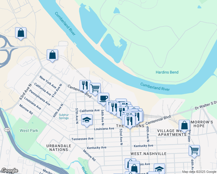 map of restaurants, bars, coffee shops, grocery stores, and more near 1623 54th Avenue North in Nashville